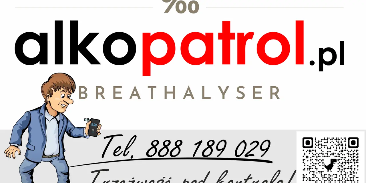 Ilustracja mężczyzny z alkomatem i logo "alkopatrol.pl".