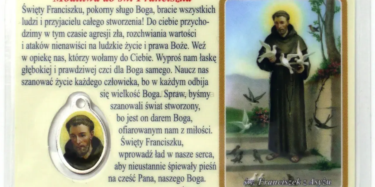 Święty Franciszek z Asyżu trzymający gołębie, z ptakami wokół.