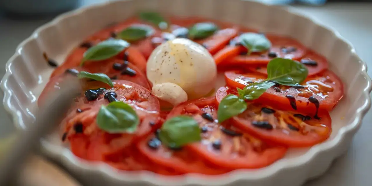 Ensalada Caprese con rodajas de tomate, mozzarella fresca y hojas de albahaca. Perfecta para recetas con albahaca fresca.