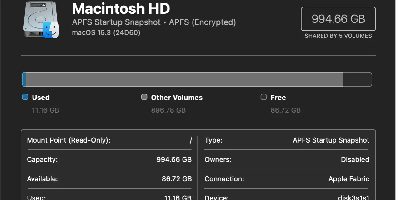 Skivverktyget visar en krypterad hårddisk, Macintosh HD, med 11.16 GB använd.