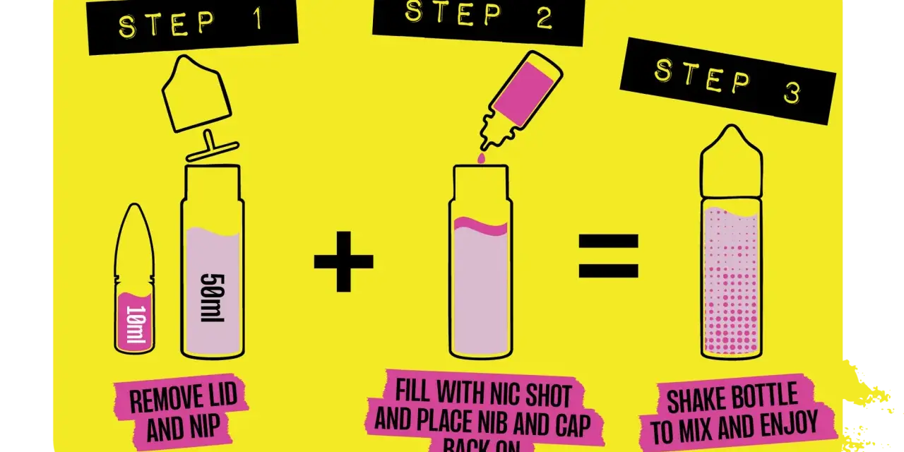 Instrucciones para preparar tu bar juice: quita la tapa, añade el nic shot, cierra y agita. ¡Listo para disfrutar!