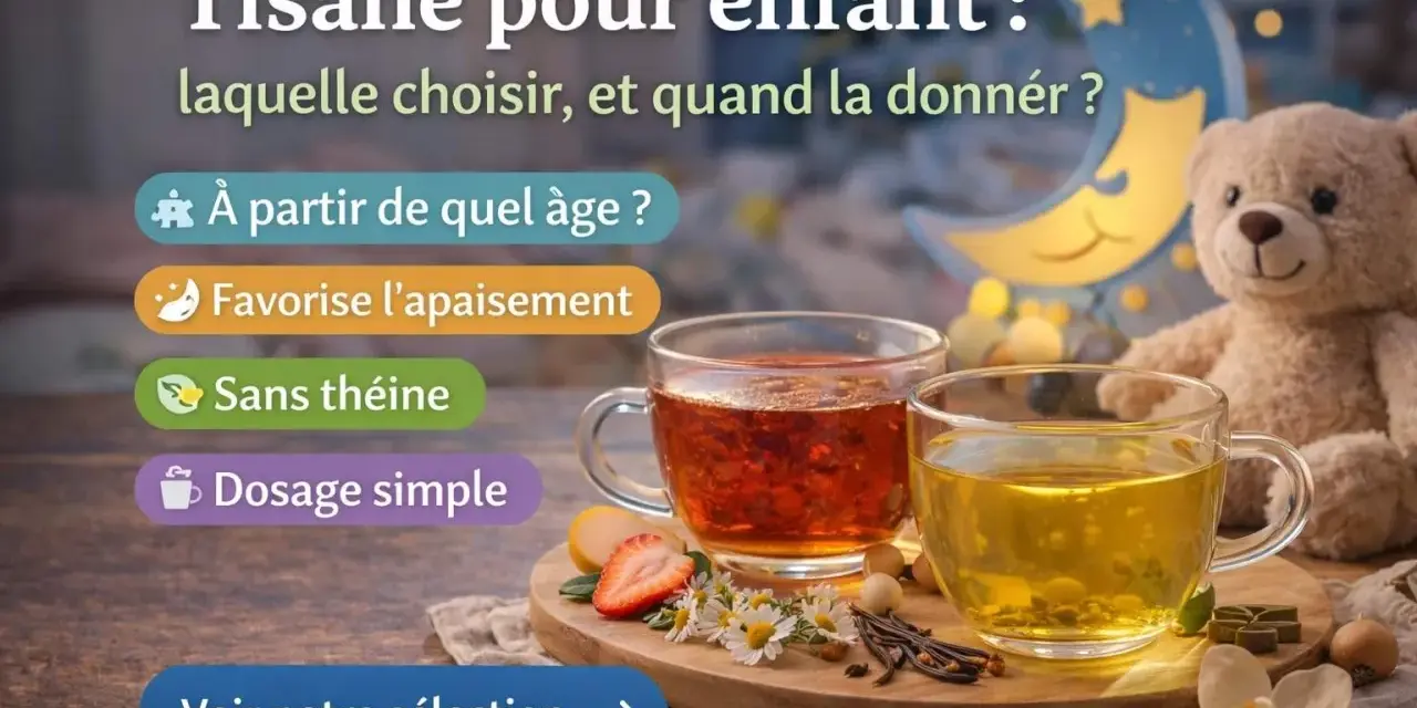 Deux tasses de tisane enfant, une rouge et une jaune, sur un plateau avec des fruits et des fleurs. Un ours en peluche et une lune lumineuse en arrière-plan.