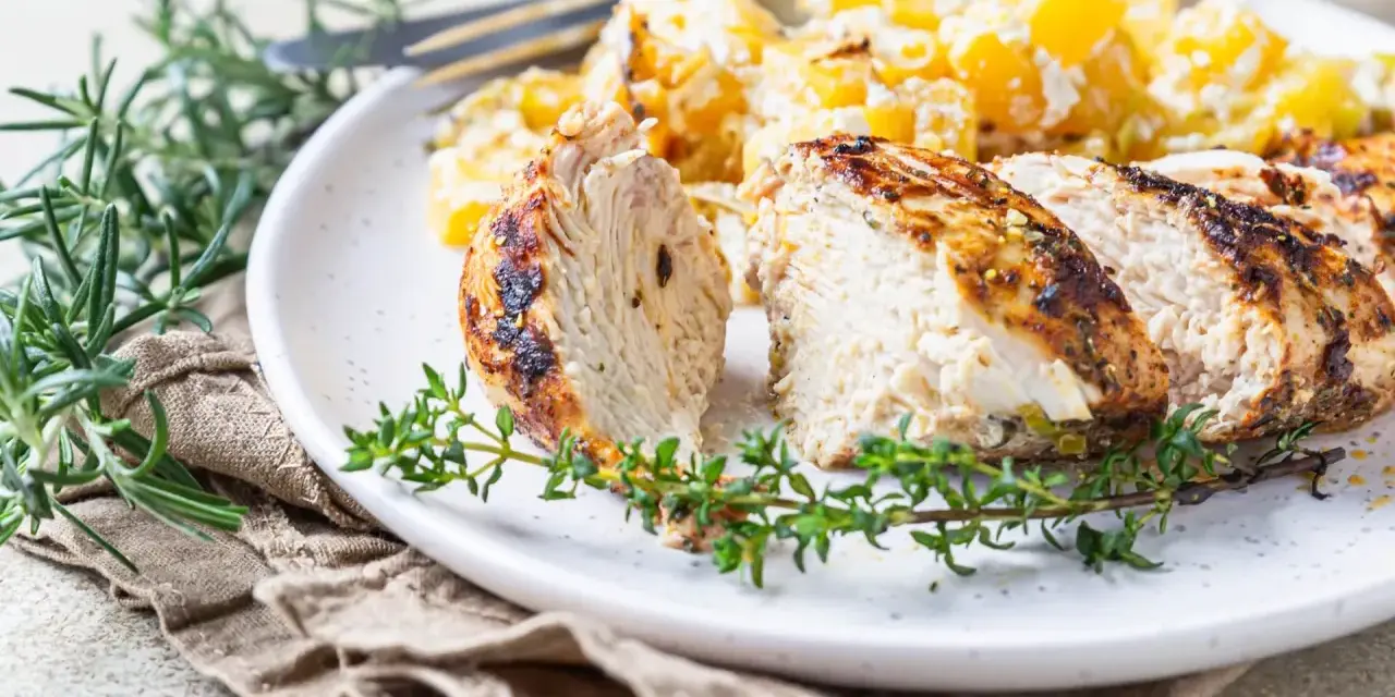 Soczysty indyk z airfryer, pokrojony w plastry, podany z pieczonymi ziemniakami i świeżymi ziołami.