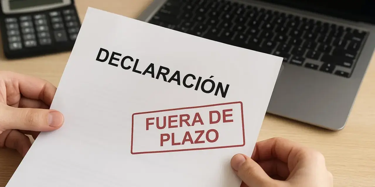 Manos sostienen un documento de "DECLARACIÓN" con un sello rojo que dice "FUERA DE PLAZO". Detrás, una calculadora y un portátil. Pregúntate: ¿qué pasa si no hago la declaración de la renta?