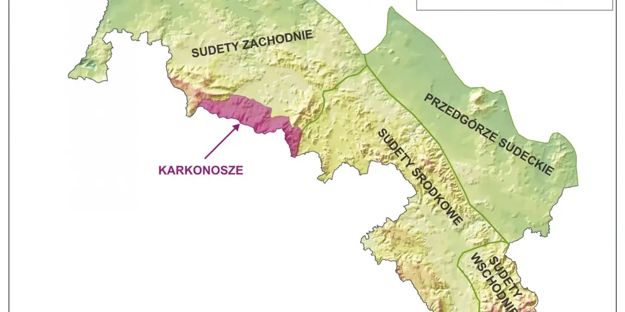 Mapa pokazuje lokalizację Karkonoszy na tle Sudetów. Widać podział na Sudety Zachodnie, Środkowe, Wschodnie i Przedgórze Sudeckie.