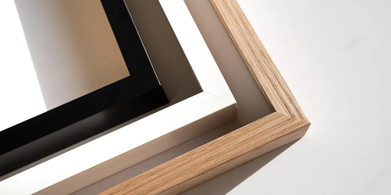 Trois cadres pour tableau : bois naturel, blanc et noir. Matériel pour encadrement tableau, prêt à l'emploi.