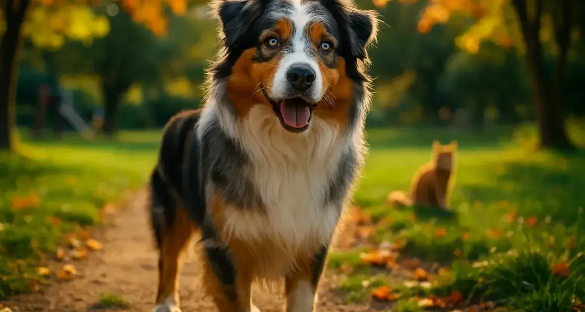 Un magnifique berger australien aux yeux bleus, souriant dans un parc d'automne. Un chat roux est visible en arrière-plan.