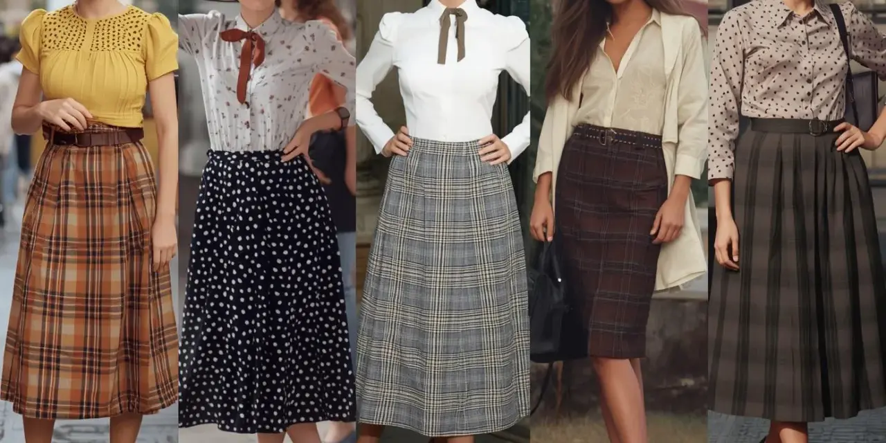 Pięć kobiet prezentuje stylizacje inspirowane modą lat 50.: spódnice w kratę i groszki, bluzki z kokardami i kapelusz.