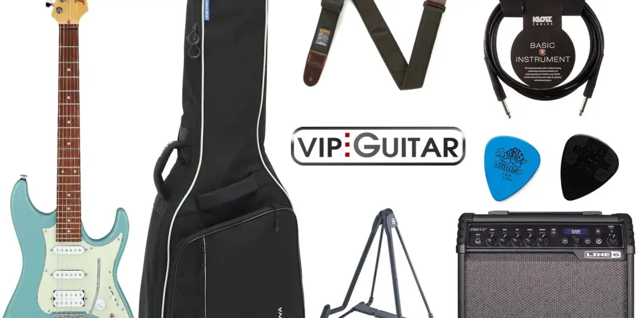 E-Gitarre, Tasche, Gurt, Kabel, Plektren, Ständer und Verstärker.