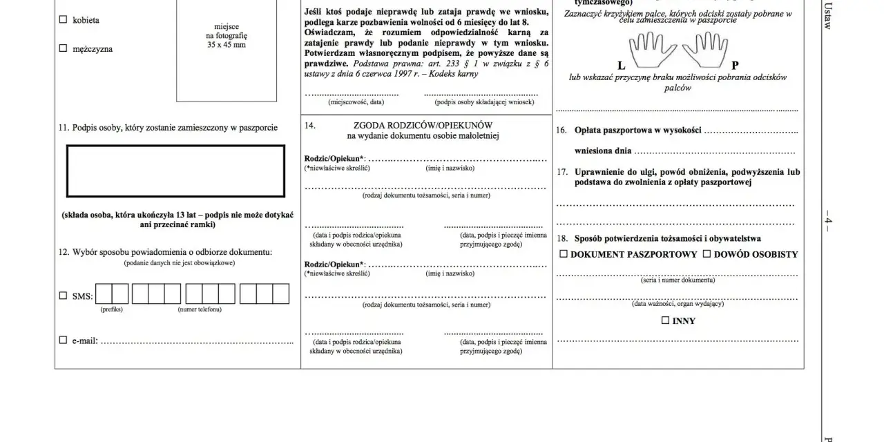 Formularz wniosku o paszport, zawiera sekcje dotyczące danych osobowych, zgody rodziców i adnotacji urzędowych.