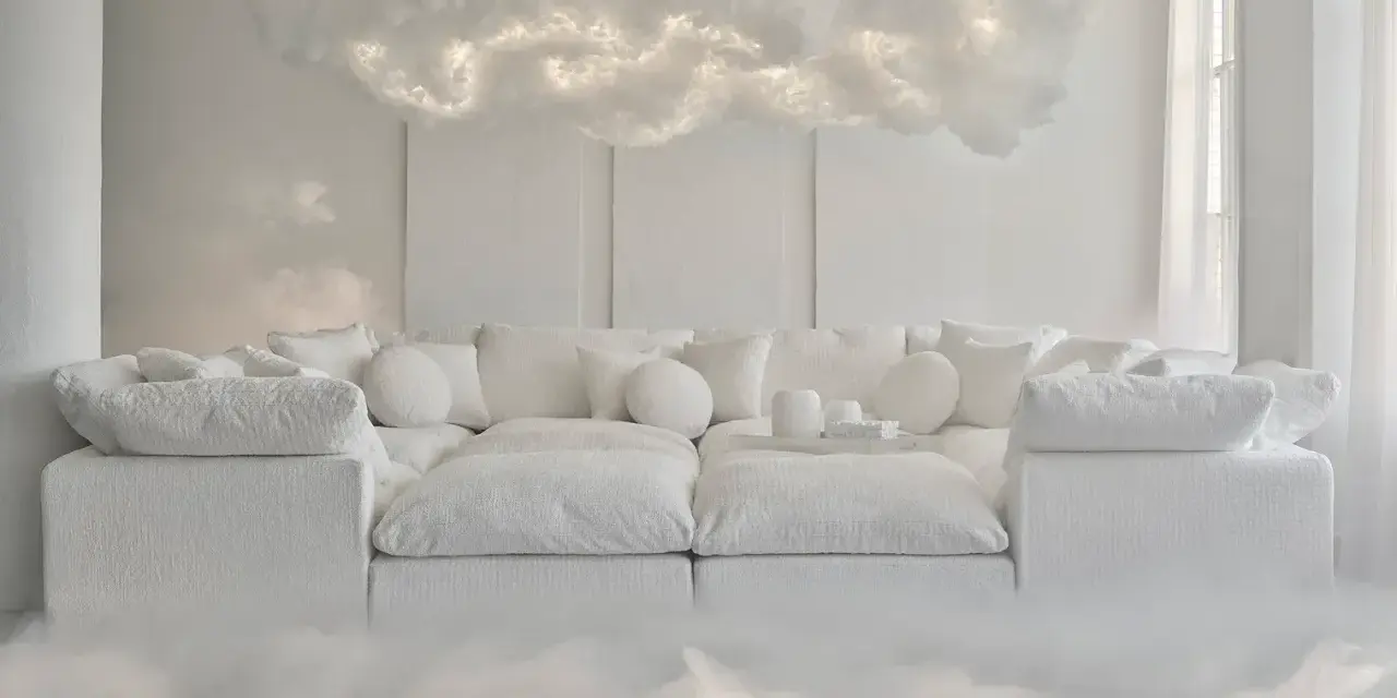 Sofá blanco y mullido con cojines, bajo una nube luminosa que evoca un **cloud dancer color** etéreo.