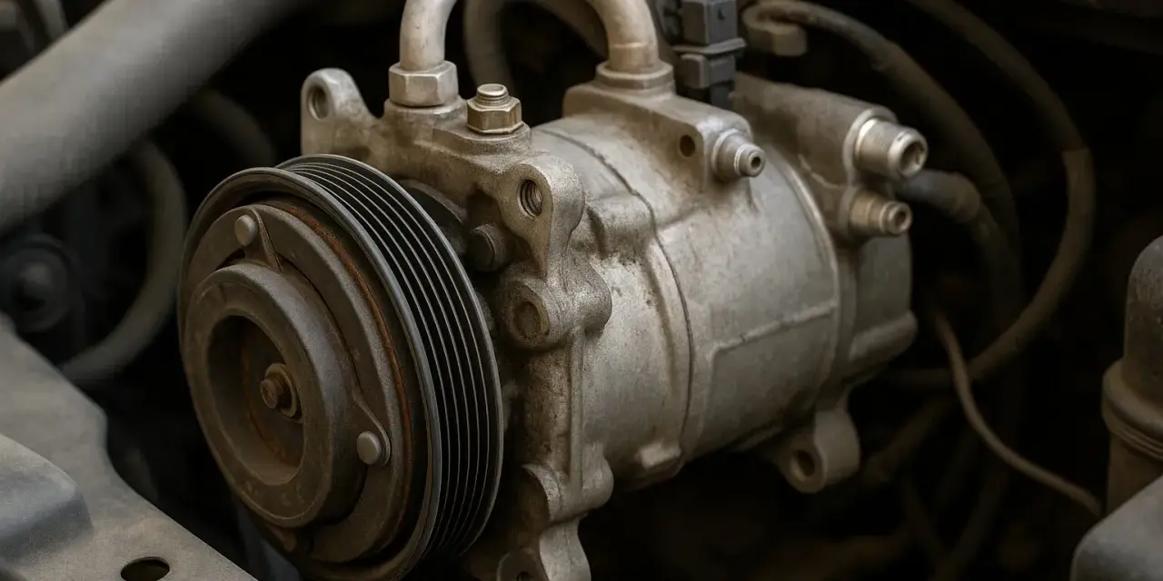 Detailaufnahme eines Auto-Klimakompressors. Die Klimaanlage im Auto funktioniert nicht, was auf ein Problem mit diesem Teil hindeuten könnte.
