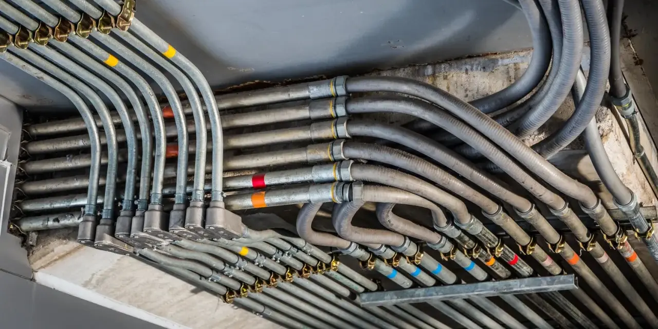 Plątanina metalowych i plastikowych rur, czyli peszli, prowadzących instalację elektryczną pod sufitem.