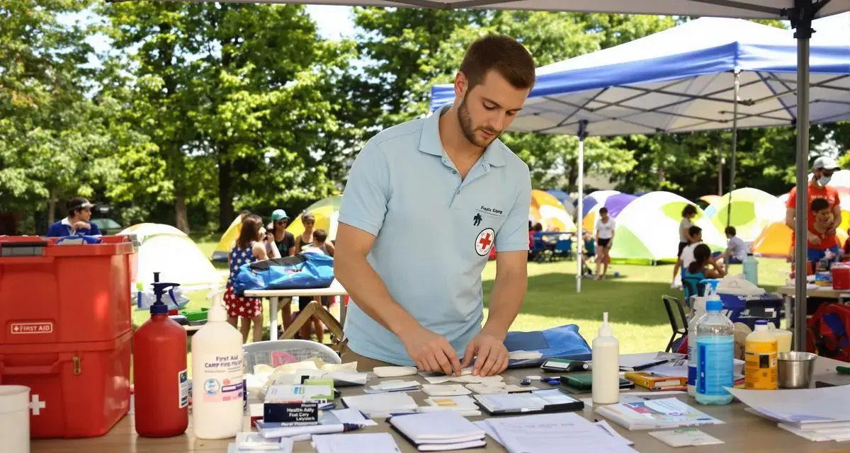 Un homme en polo bleu prépare du matériel médical sur une table, avec des tentes et des enfants en arrière-plan.