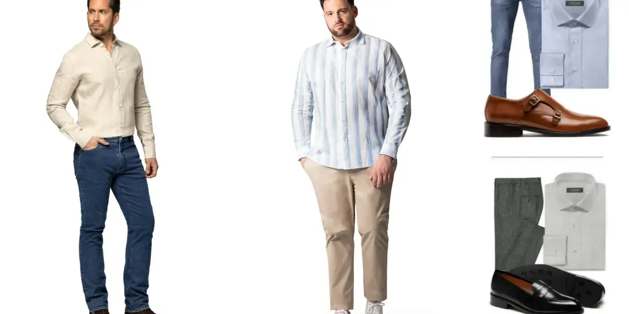Dos hombres modelan atuendos business casual: uno con camisa beige y jeans, otro con camisa a rayas y chinos.