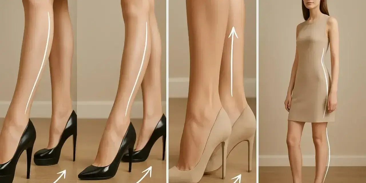 Eleganckie obcasy podkreślają linię nóg. Modelka w beżowej sukience prezentuje smukłą sylwetkę.