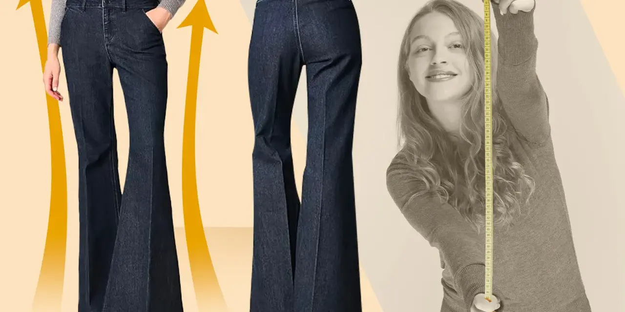 Pantaloni che slanciano, con un taglio a zampa d'elefante che allunga la figura. Una ragazza misura la sua altezza con un metro.
