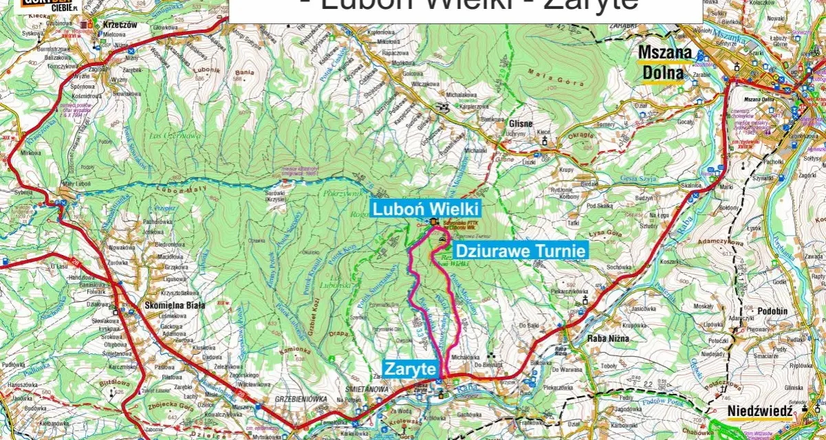 Mapa szlaku turystycznego Zaryte - Dziurawe Turnie - Luboń Wielki. Widoczne szczyty, doliny, rzeki i miejscowości.