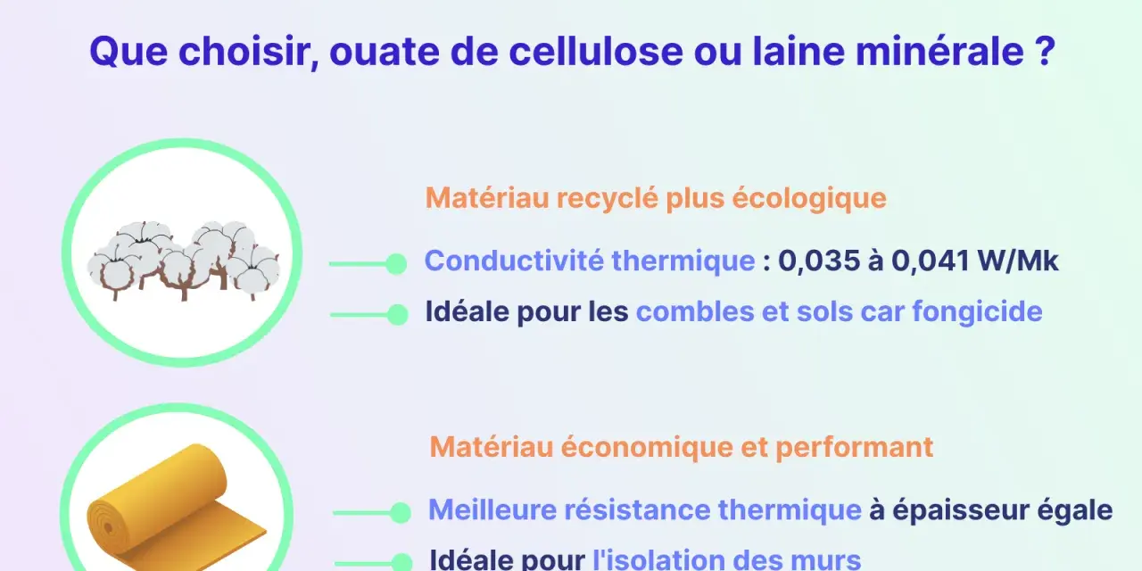 Illustration comparant l'ouate de cellulose (coton) et la laine minérale (rouleau jaune) pour l'isolation. L'ouate est écologique, la laine est économique.