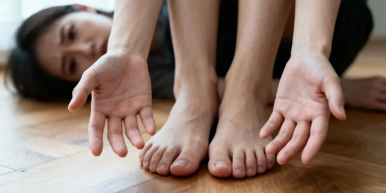 Femme aux mains tendues et pieds nus sur un parquet. Ses ongles semblent fragiles, peut-être un signe de carence en vitamine B12.