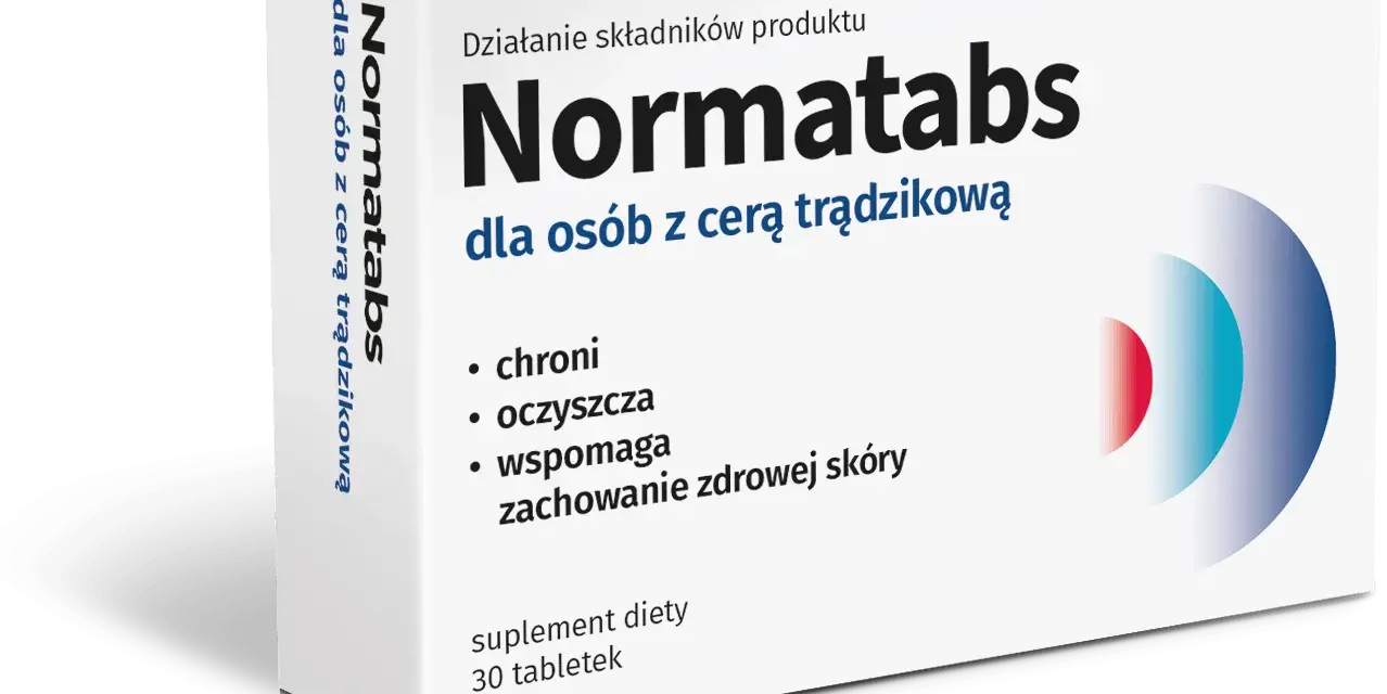 Opakowanie suplementu diety Normatabs dla osób z cerą trądzikową. Wspomaga zachowanie zdrowej skóry.