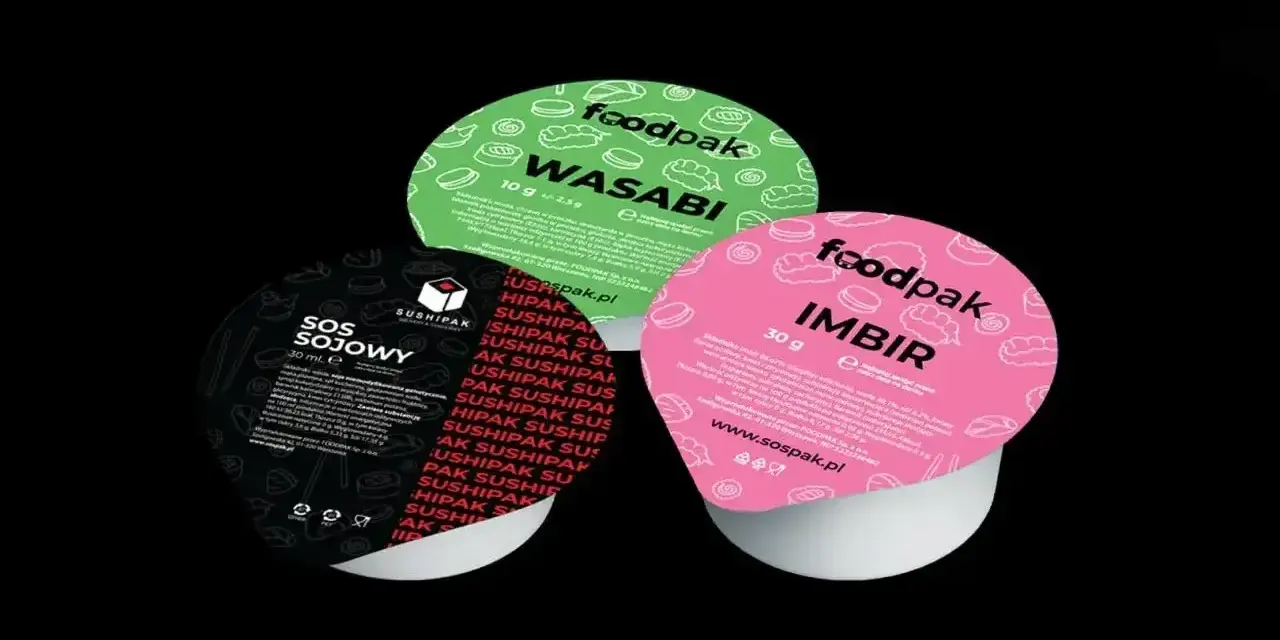 Trzy opakowania sosów do sushi: sos sojowy, wasabi i imbir. Idealne dodatki do Twojego ulubionego sushi.