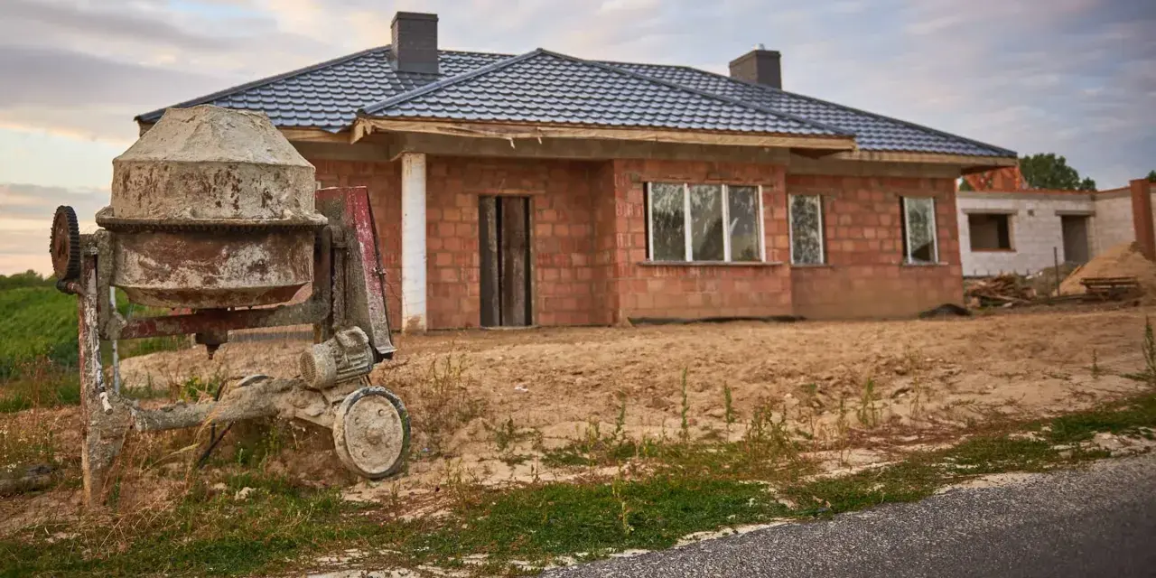Dom w budowie, beton wylewany z betoniarki. To jeden z etapów budowy domu, który wpływa na kosztorys.