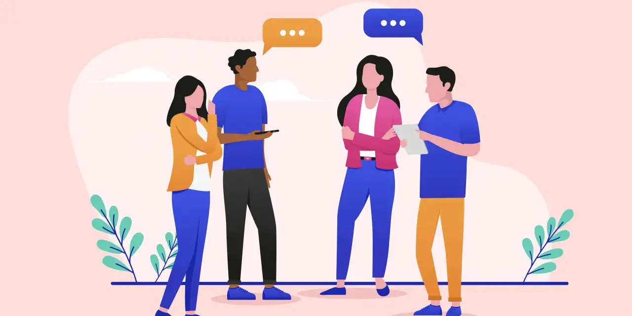 Gruppo di persone impegnate in una vivace comunicazione tra colleghi di lavoro, con fumetti che indicano lo scambio di idee.