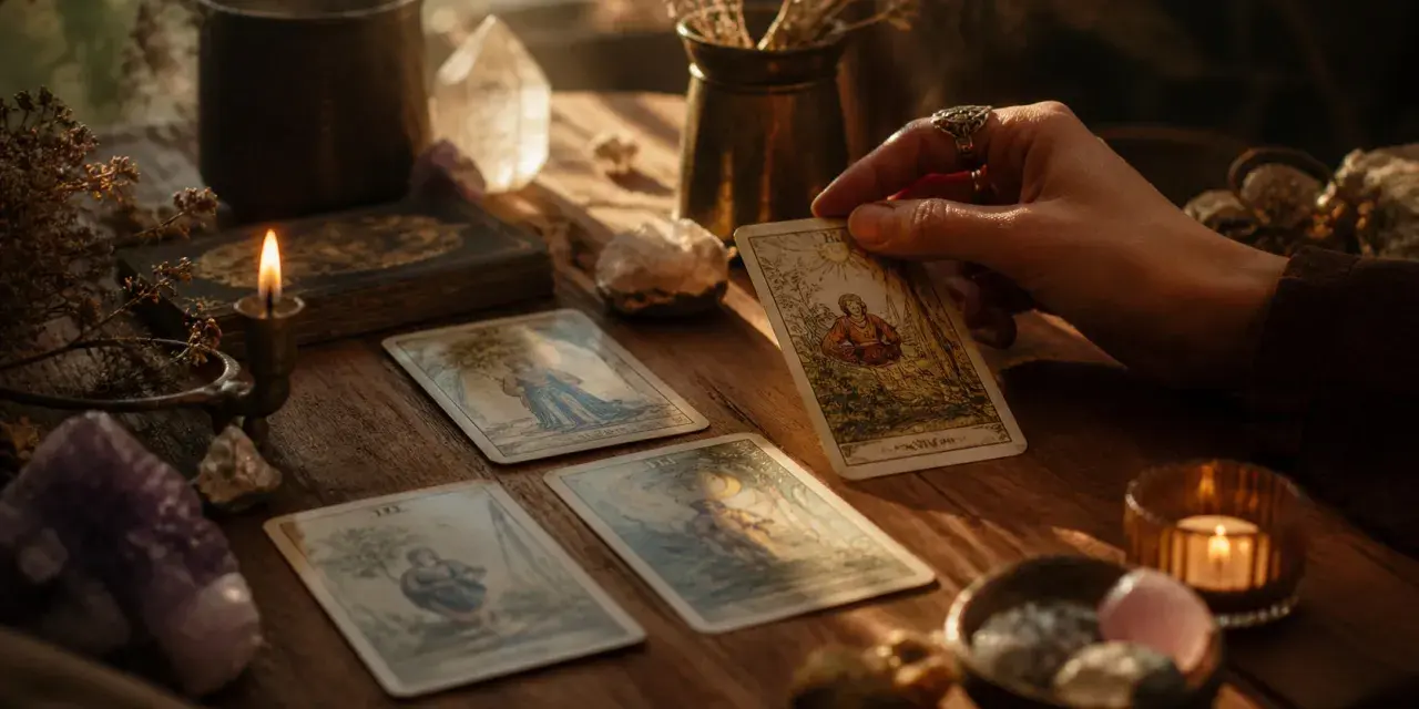 Dłoń trzyma kartę Tarota, a obok leżą inne karty, świeca i kryształy. Poznaj wieża tarot znaczenie.