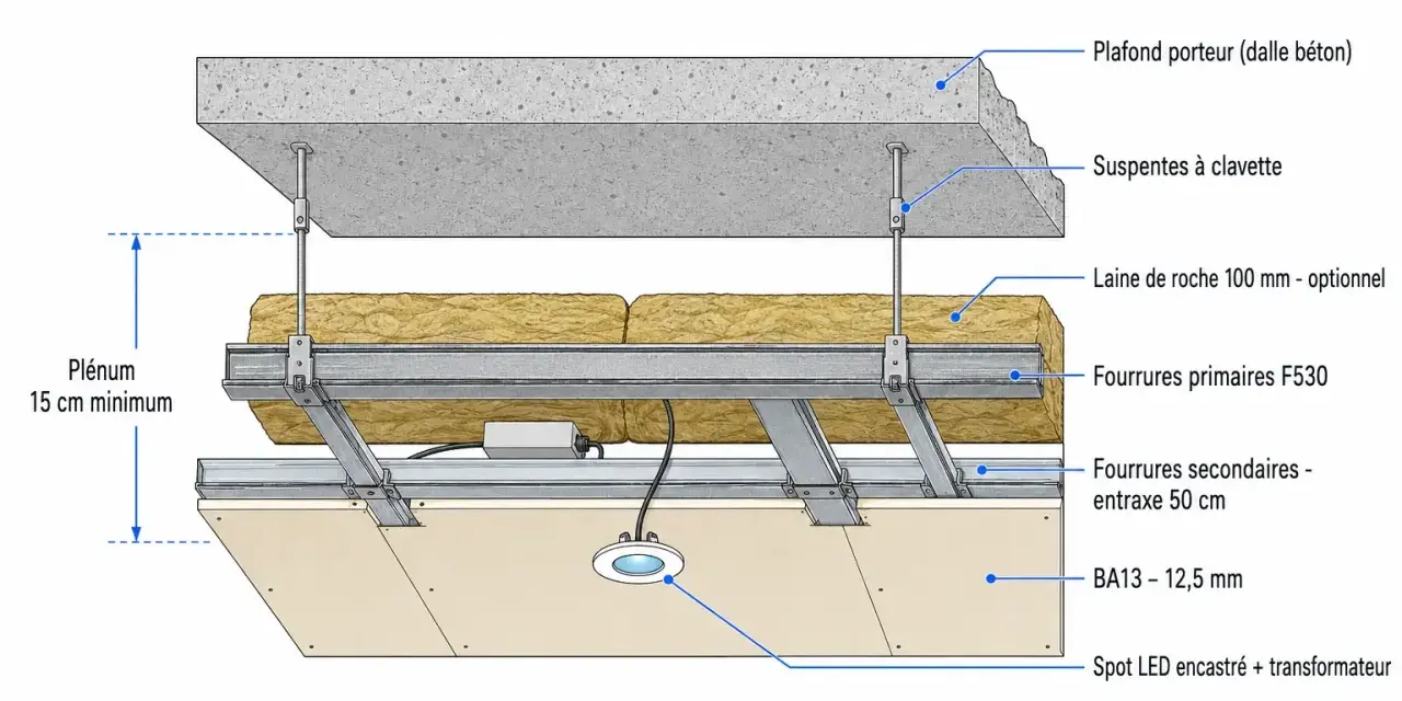 Coupe technique d'un faux plafond suspendu BA13. On voit la dalle béton, l'isolant, la structure métallique et les plaques de plâtre.