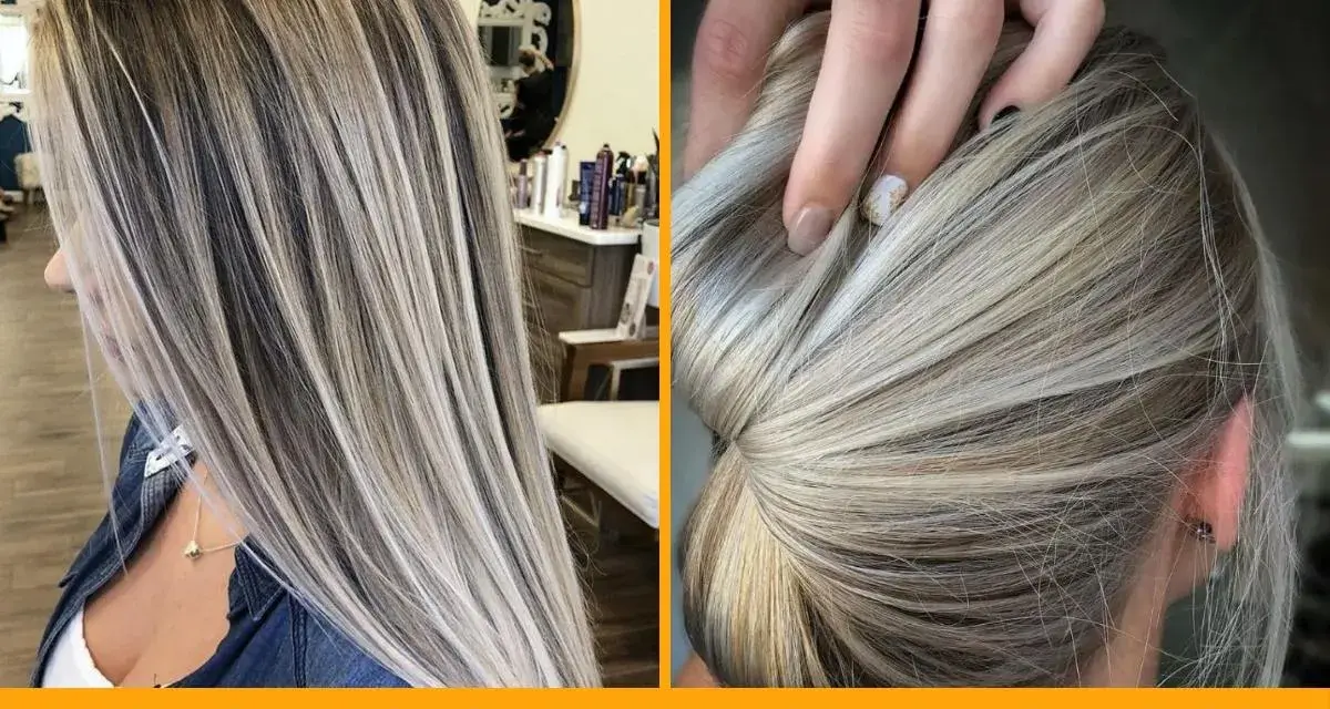 Pelo rubio con mechas plateadas y oscuras, creando un efecto de pelo con canas y mechas que disimula las canas.