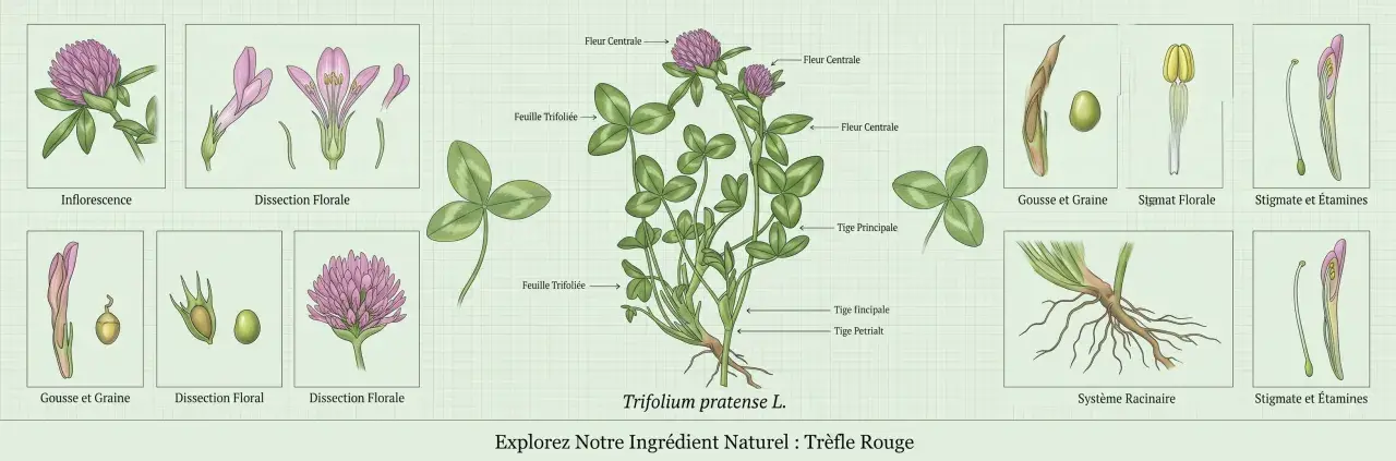 Botanische Darstellung von Rotklee (Trifolium pratense L.) mit Blüten, Blättern, Wurzeln und Samen. Entdecken Sie die rotklee heilwirkung.