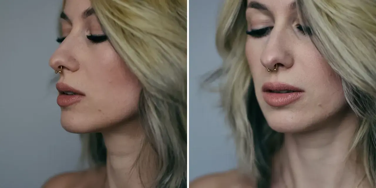 Kobieta z blond włosami i złotym kółkiem w nosie, podkreślającym jej septum.