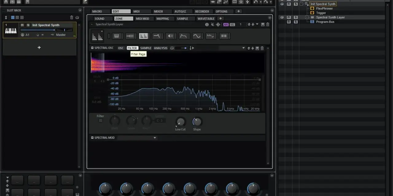 HALion 7 zeigt die Benutzeroberfläche eines Synthesizers mit einem Spektraloszillator und Filter.