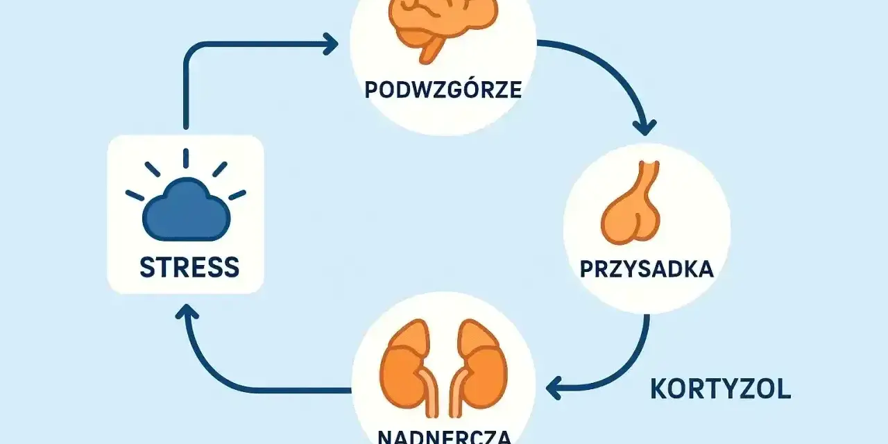 Cykl reakcji na stres: podwzgórze, przysadka, nadnercza produkują kortyzol. ACTH jest kluczowe w tym procesie.