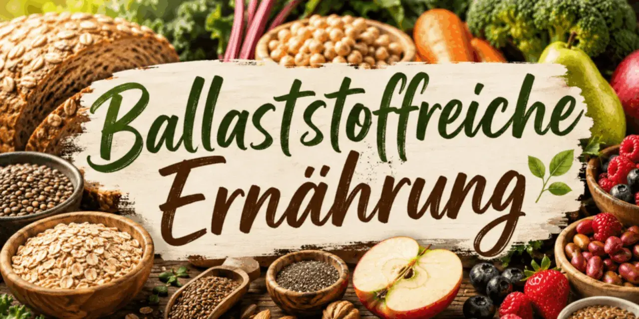 Brot, Haferflocken, Linsen, Beeren und Obst: Eine bunte Vielfalt an ballaststoffreichen Lebensmitteln für eine gesunde Ernährung.