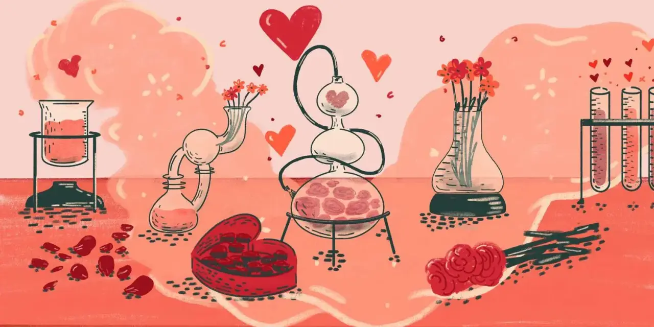 A laboratory setup with beakers, flasks, and test tubes filled with red liquid and flowers, symbolizing the creation of genuine connection.