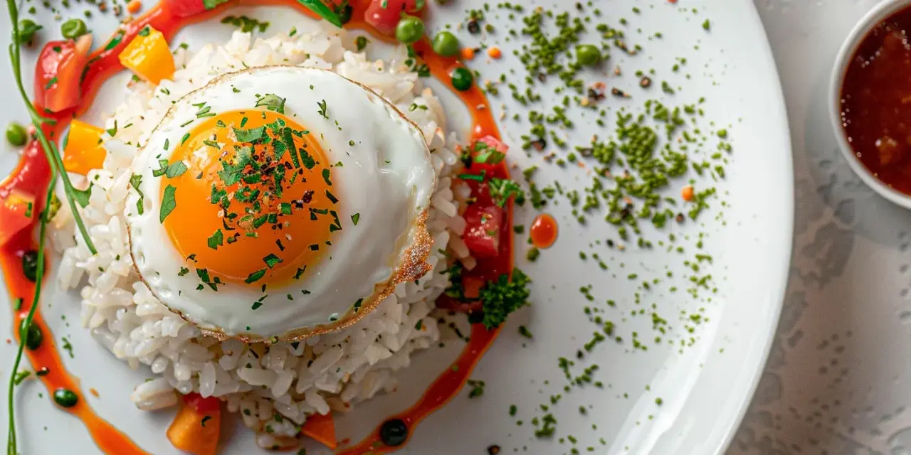 Arroz a la cubana con huevo frito, tomate, guisantes y salsa.