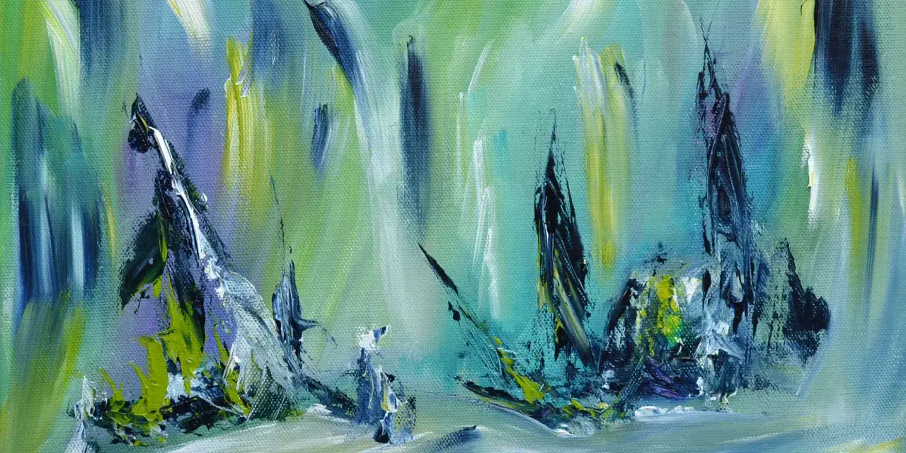 Peinture acrylique sur peinture à l'huile, évoquant des formes abstraites sombres sur un fond aquatique aux tons verts et bleus.