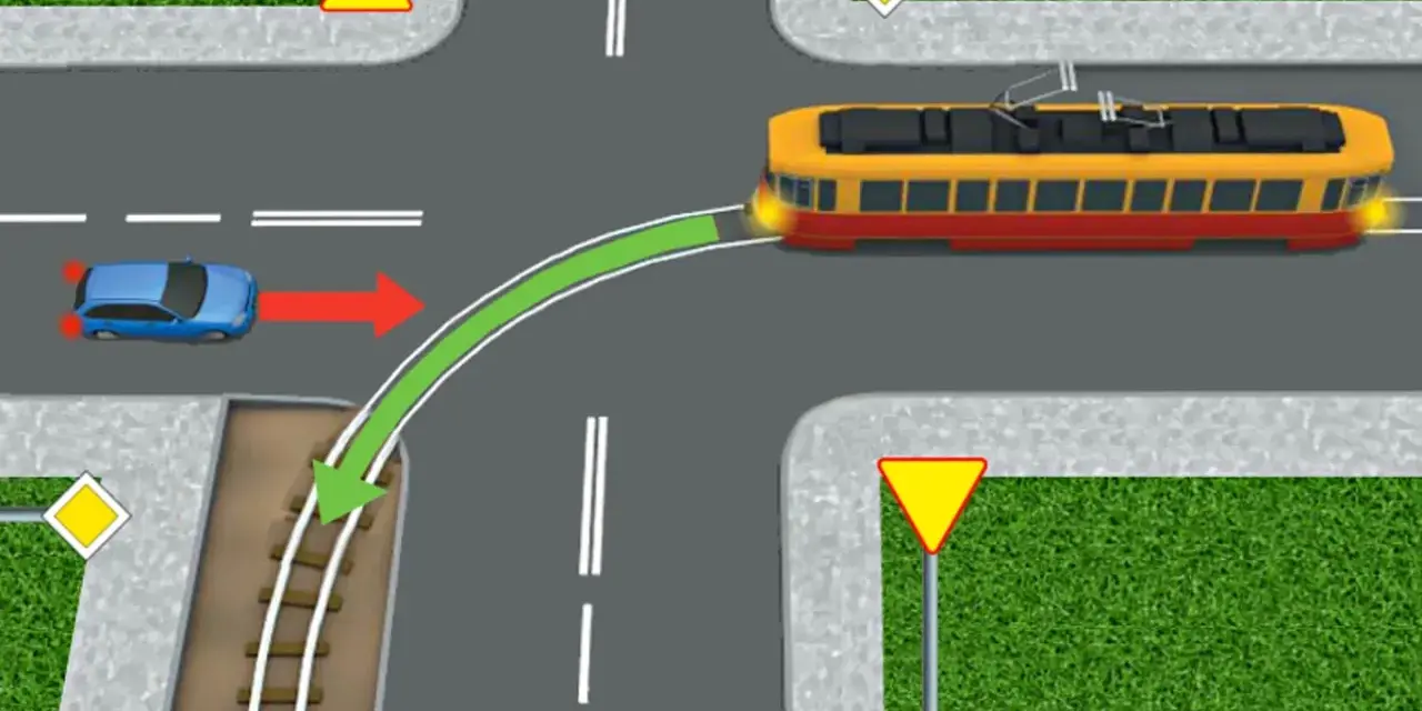 Skrzyżowanie, gdzie tramwaj ma pierwszeństwo. Niebieski samochód ustępuje miejsca, zielona strzałka pokazuje tor jazdy tramwaju.