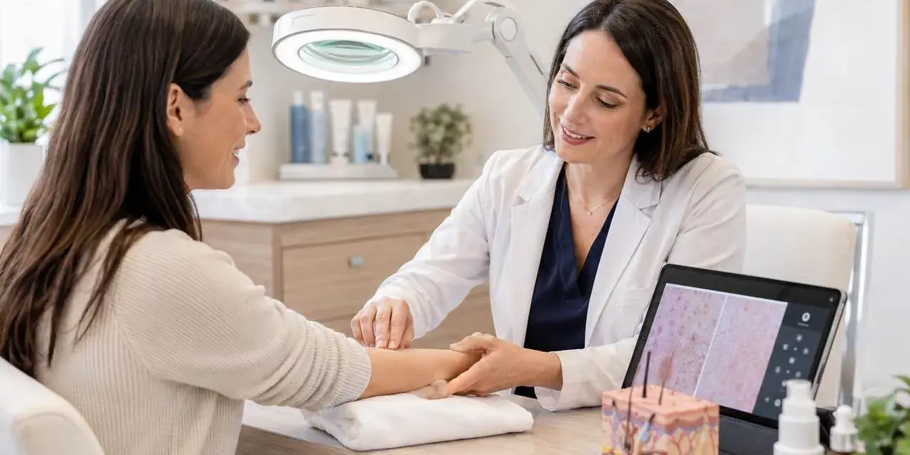 Dermatolog, kto to? Lekarka bada skórę pacjentki, analizując ją na tablecie i modelu anatomicznym.