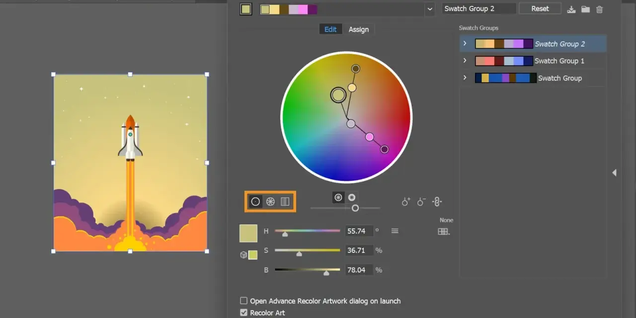Panel "Recolor Artwork" w Adobe z kołem kolorów, rakietą kosmiczną i opcjami zmiany barw.
