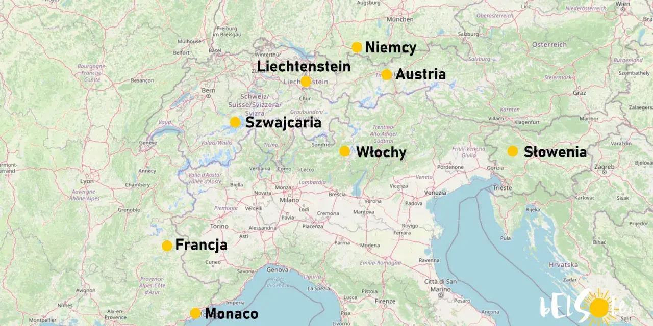Gdzie są Alpy? Mapa pokazuje Alpy w Szwajcarii, Liechtensteinie, Austrii, Włoszech i Słowenii.