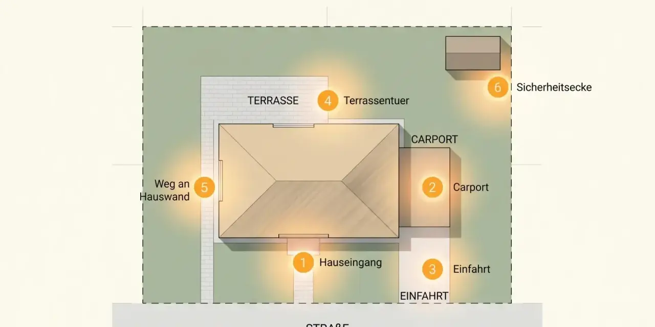 Plan für Beleuchtung der Terrasse und des Gartens: 6 Lichtzonen für Sicherheit und Ambiente.