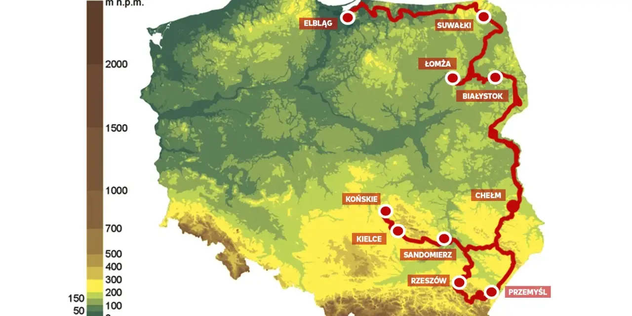 Mapa Polski z zaznaczoną trasą rowerową od Elbląga po Przemyśl. To najdłuższa trasa rowerowa w Polsce, prowadząca przez Suwałki, Białystok, Łomżę, Chełm, Rzeszów, Sandomierz, Kielce i Końskie.
