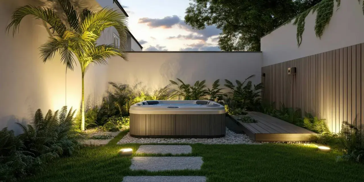 Relaksacyjny spa w ogrodzie, oświetlony palmowy liść i bujna roślinność tworzą magiczną atmosferę.