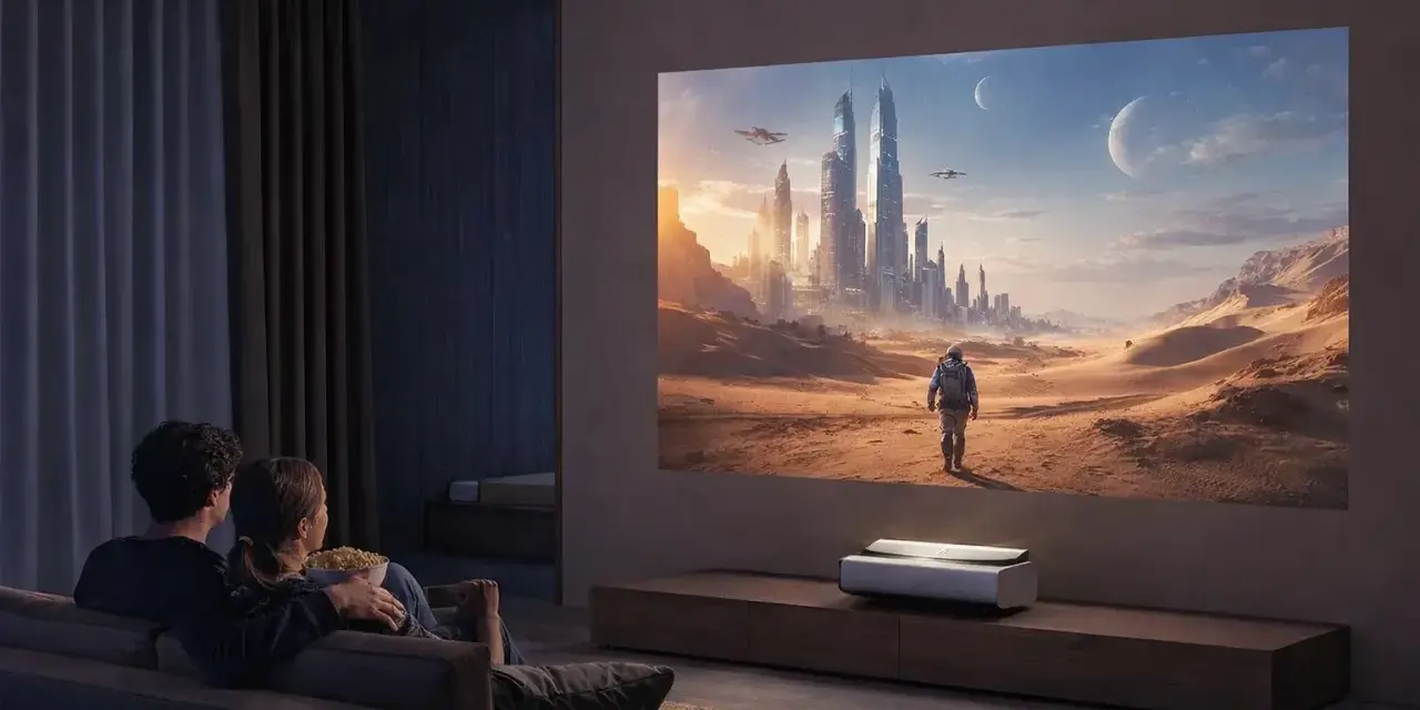 Para ogląda film na wielkim ekranie, gdzie projektor zamiast tv wyświetla futurystyczne miasto na pustyni.