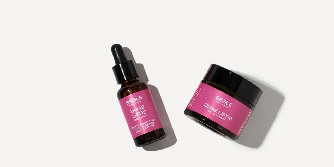 DMAE Lift10 serum y crema de día/noche de SEGLE Biotech Skincare, para un rostro firme y redefinido.