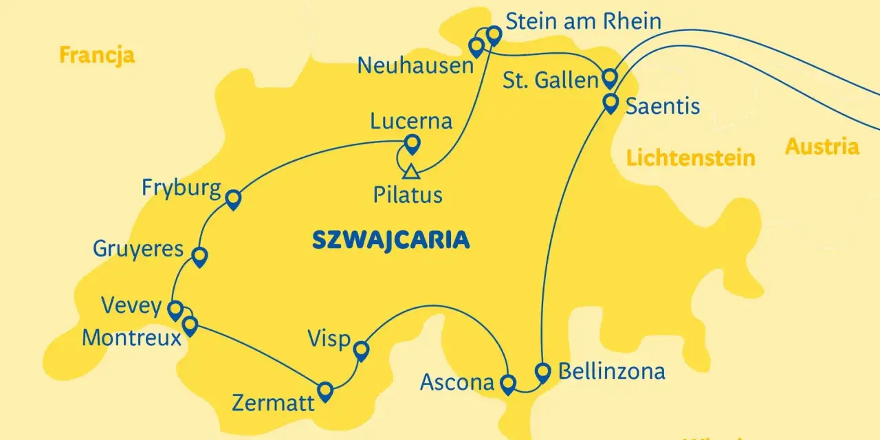 Mapa Szwajcarii z trasą grand tour: Fryburg, Lucerna, Pilatus, Zermatt, Ascona, Bellinzona, Stein am Rhein.