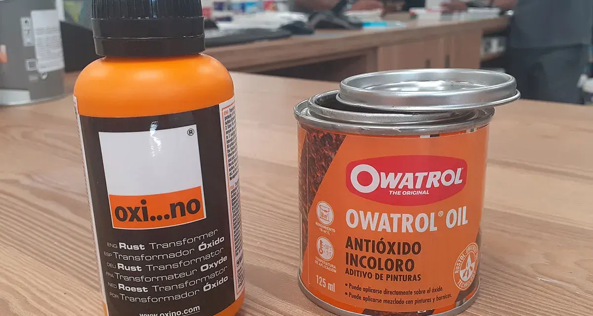 Dos productos para tratar el óxido: un transformador de óxido y un aceite antióxido incoloro. Ideales para pintar óxido y proteger superficies.